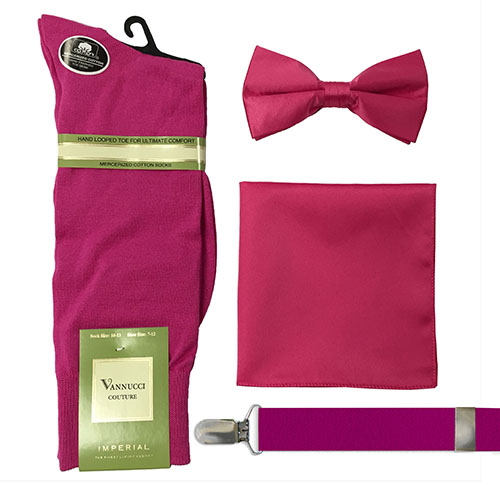 fashion socks, bow tie, suspenders and hankie sets fuschia